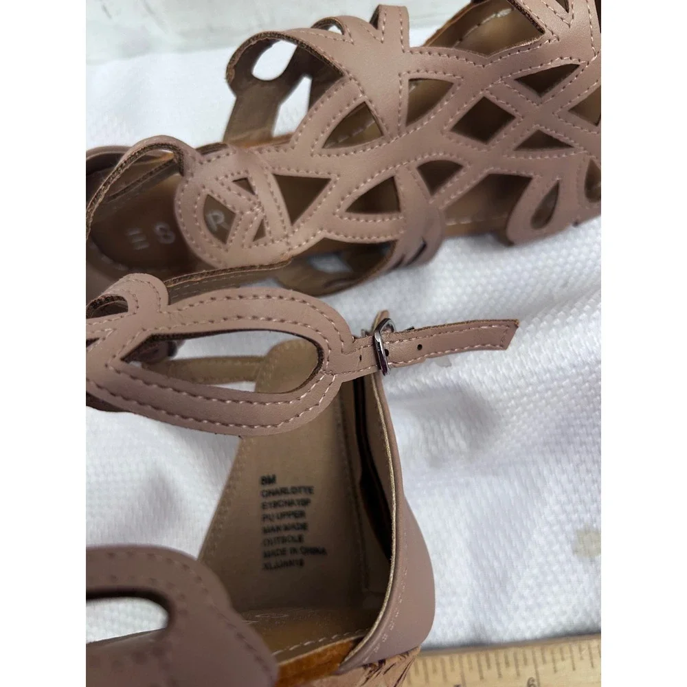 Esprit Wedge Sandals 7.5 Tan Laser Cut Cage Cork Heel Womens